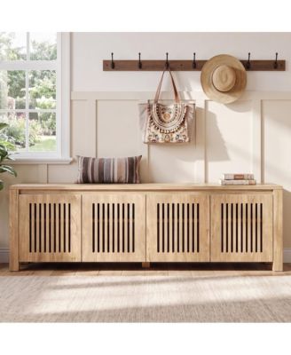 55"Shoe Storage Bench,2-Tier Mid-Century Modern Entryway Bench with Slatted Doors for Living Room,Entryway,Bedroom,Foyer,Entrance