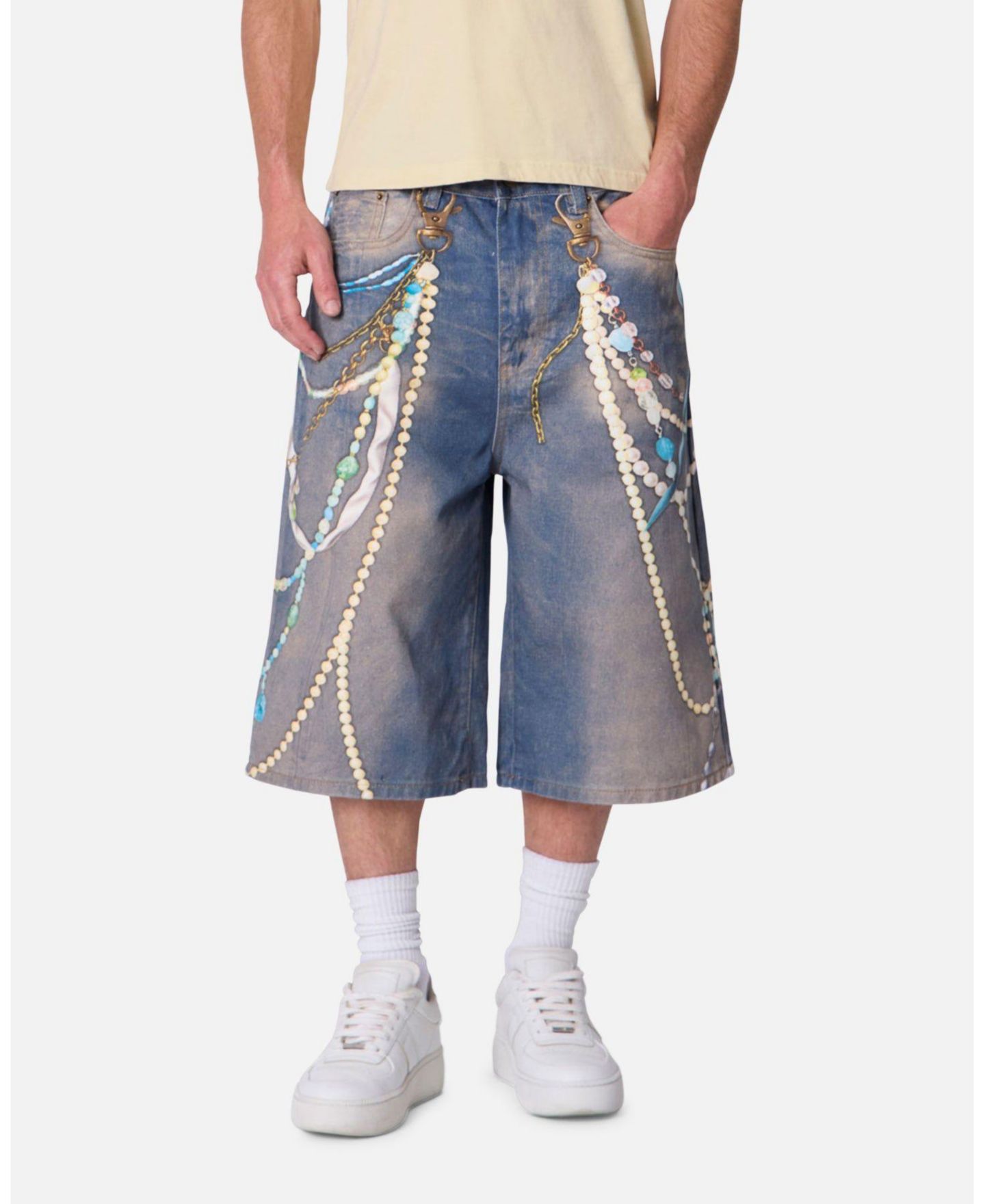 Мужские шорты mnml Chain Printed Baggy Denim, 14" Inseam, цвет: Средний синий — фото 6