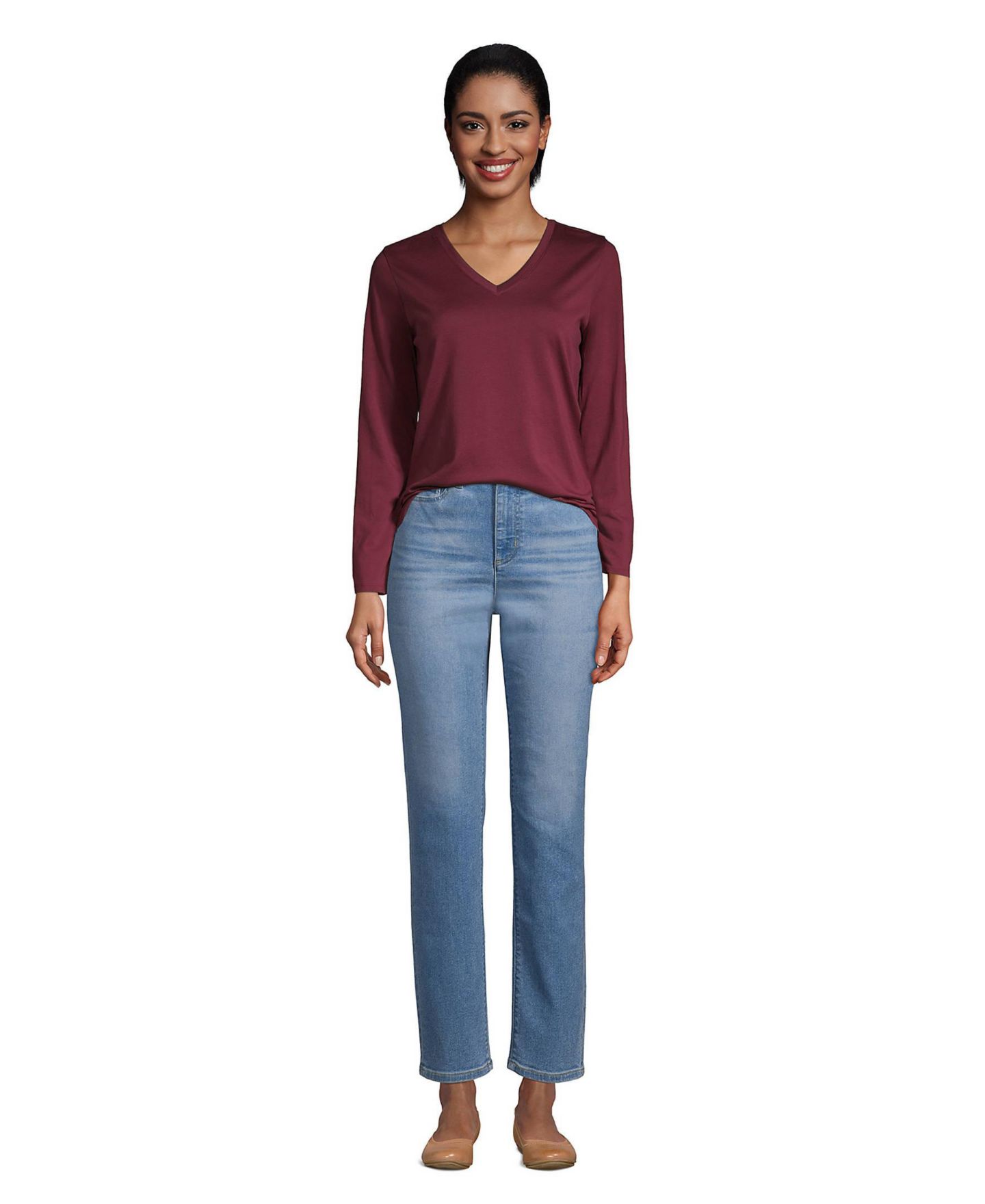 Женская футболка Lands' End Supima Cotton Long Sleeve V-Neck, цвет: Насыщенный бордовый — фото 3