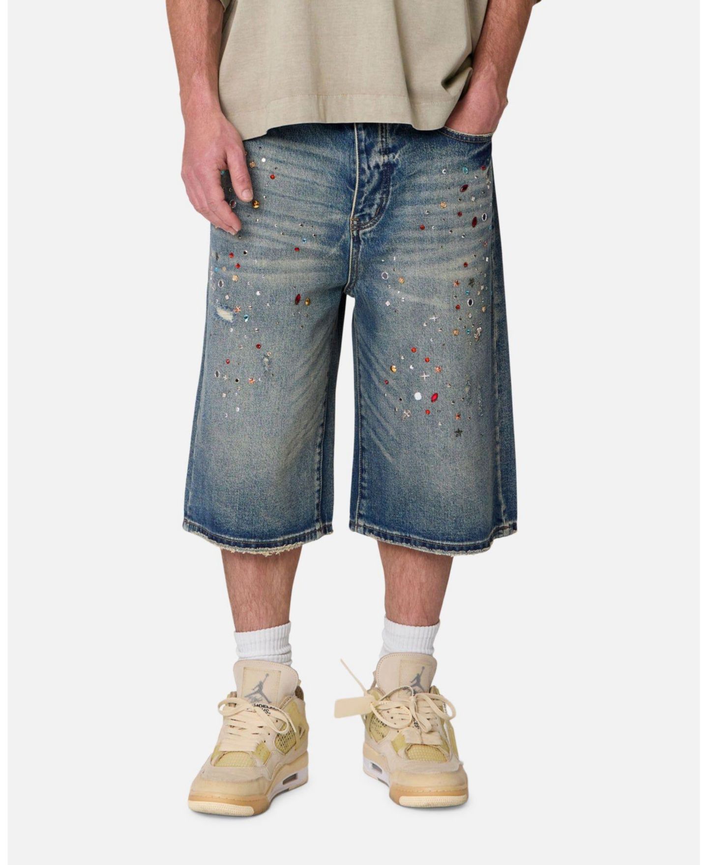 Мужские шорты mnml Ultra Baggy Rhinestone Denim, 14" Inseam, цвет: Средний синий — фото 4