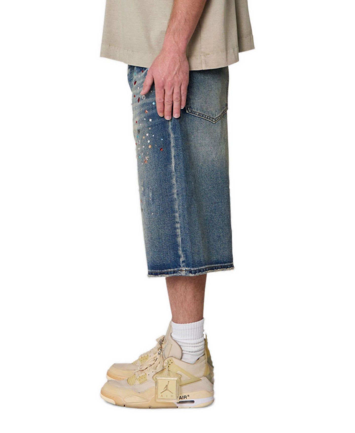 Мужские шорты mnml Ultra Baggy Rhinestone Denim, 14" Inseam, цвет: Средний синий — фото 6