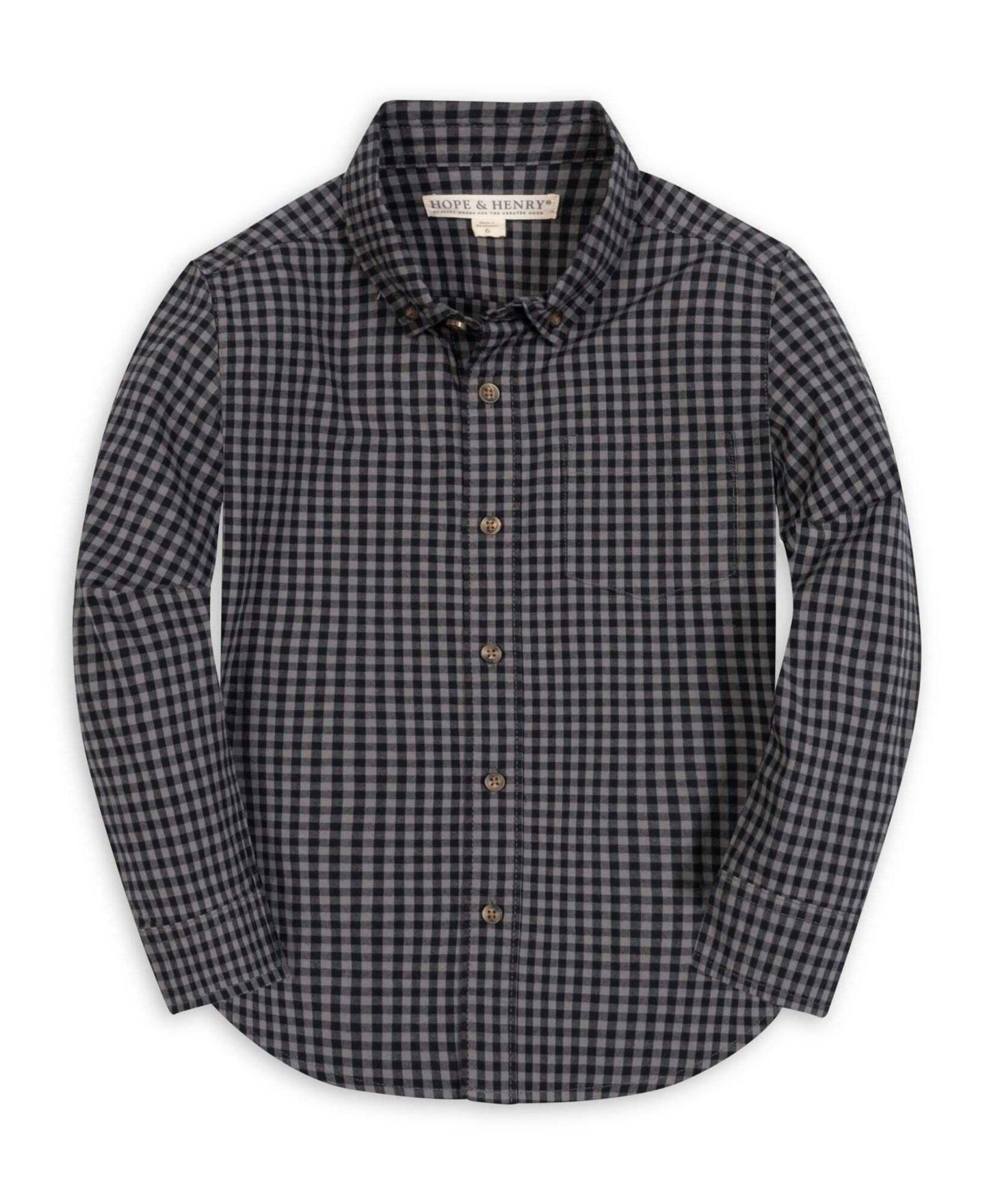 Рубашка Hope & Henry Organic Cotton Poplin Point Collar Long-Sleeve Button-Down Shirt для мальчиков, цвет: Чёрный в мелкую клетку — фото 1