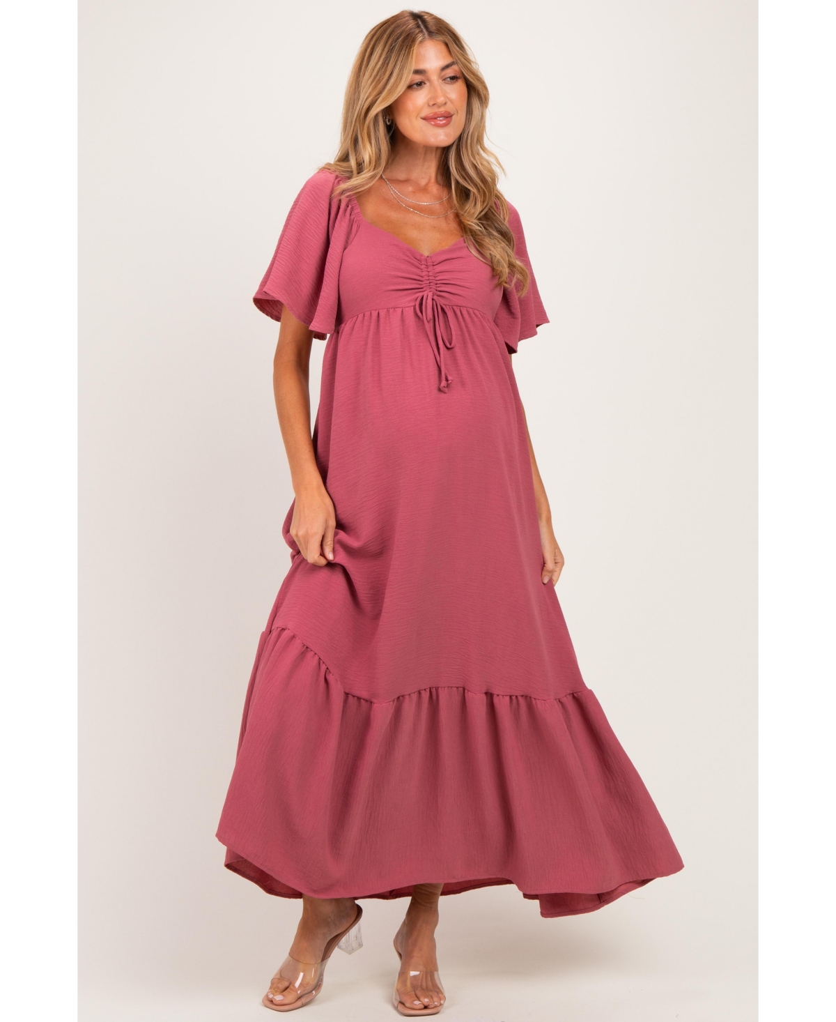 Pinkblush Maternity Light Blue Flutter Sleeve Ruffle Hem Maxi Dress - Mauve