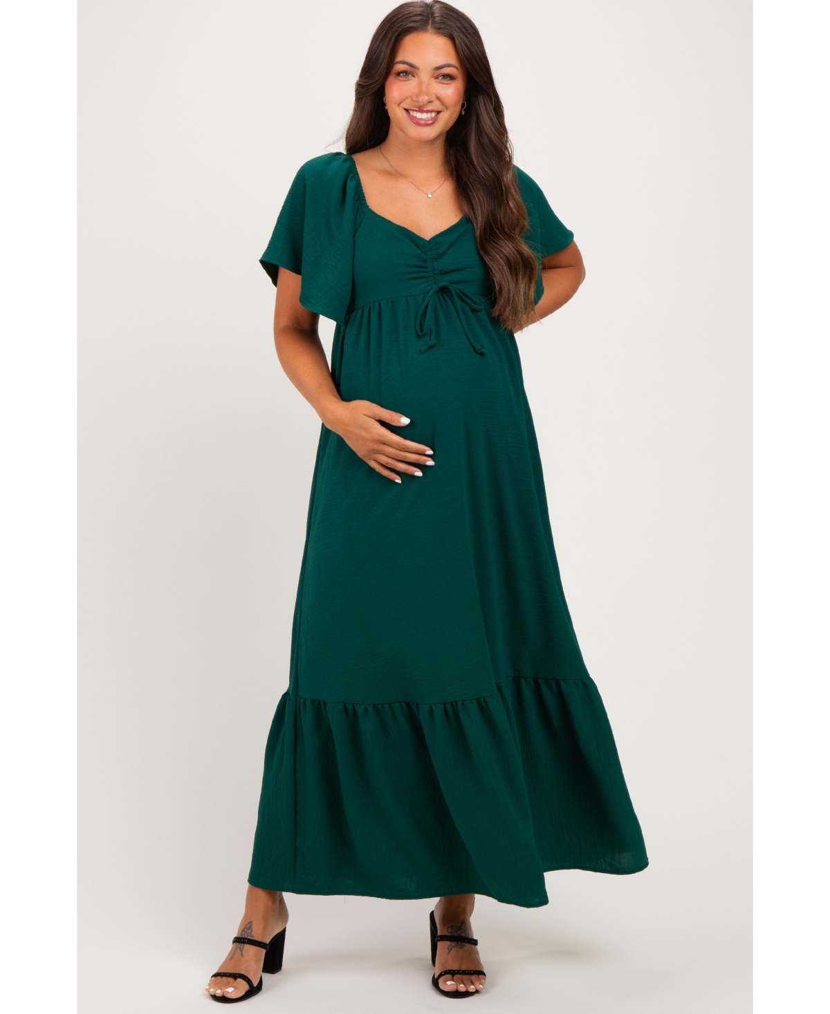 Pinkblush Maternity Light Blue Flutter Sleeve Ruffle Hem Maxi Dress - Olive green
