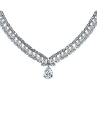 Vintage Solitaire Teardrop CZ Statement V Collar Necklace Silver Plated 16"