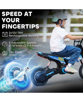 24V 250W, PP and Metal, 3-Speed with 12 Pneumatic Tires & Rear Suspension, Electric Motorcycle, 143 lbs, 8-12 Years