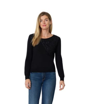 Women's Asymmetrical Lace Panel V-Neckline Long Sleeve Sweater