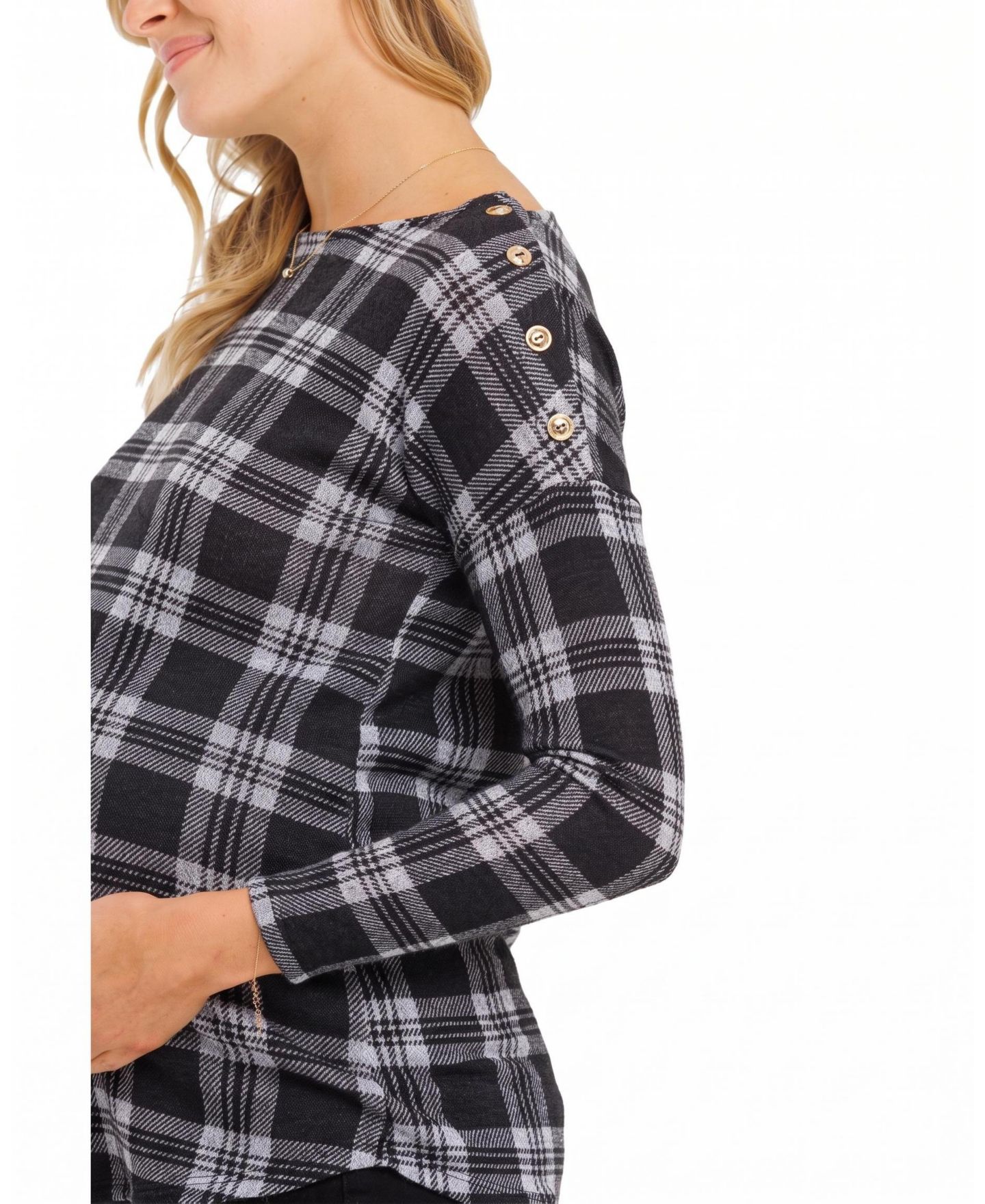 Женский топ Hello Miz Maternity Plaid Boat-Neck Long-Sleeve, цвет: Чёрный — фото 2