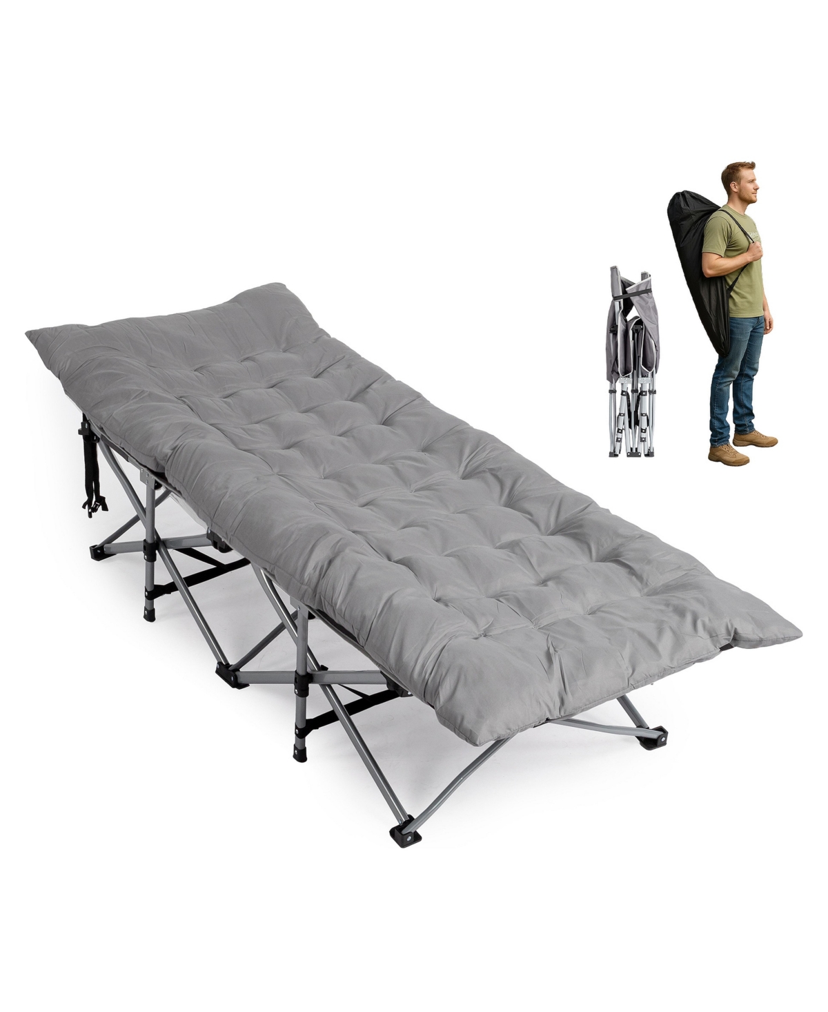Sevorley Folding Camping Cot Bed with Soft Pad, Portable Outdoor Cot - Dark Grey