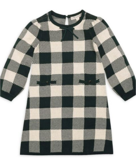 Платье Hope & Henry Puff-Sleeve Bow-Detail Intarsia Sweater Dress для девочек-малышей, цвет: Глубокий зелёный клетчатый