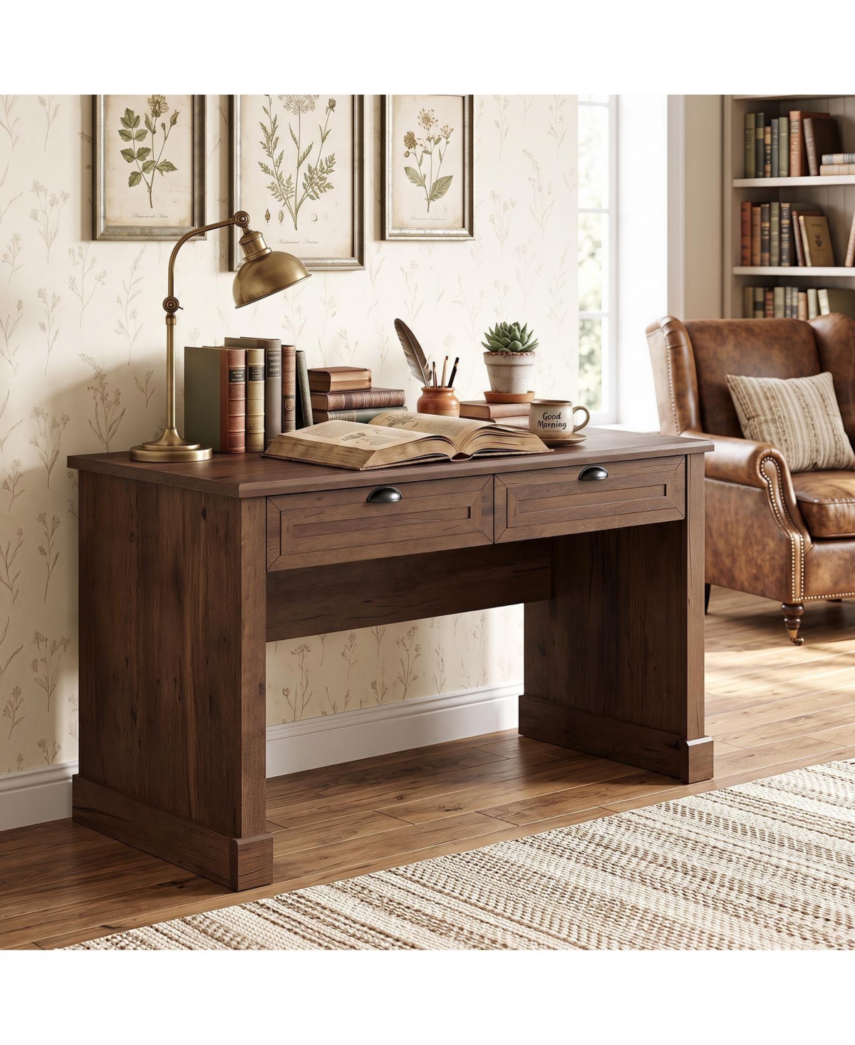 Costway 48" Computer Desk with 2 Drawers, Home Office Desk, Wooden Workstation - Brown