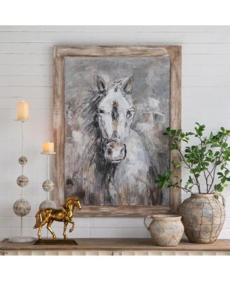 35.4" x 47.2" Rustic Fir Frame Hand-Painted White Horse Wall Art Decor