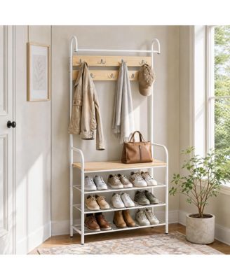 Entryway Coat Rack With Shoe Storage Bench, Freestanding Hall Tree With Hanging Rod, Hooks and 3-Tier Wire Shelves For Entry Hall