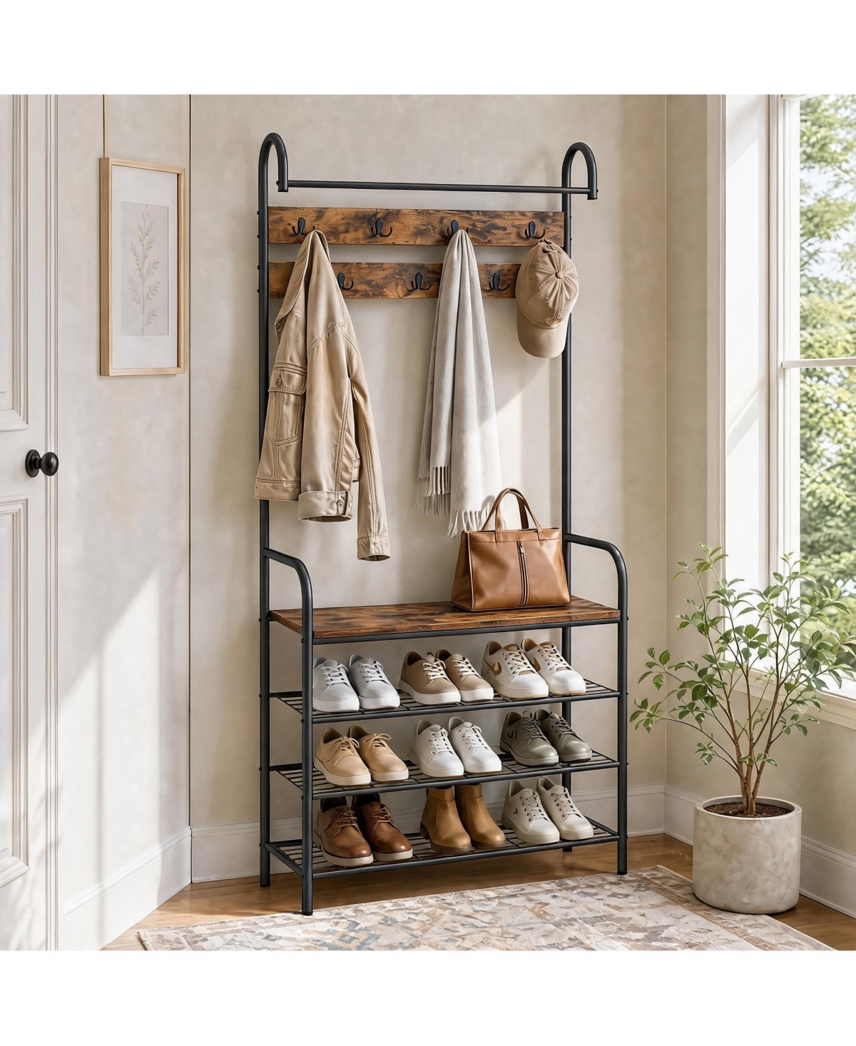 homfan Entryway Coat Rack With Shoe Storage Bench, Freestanding Hall Tree With Hanging Rod, Hooks and 3-Tier Wire Shelves For Entry Hall - Brown