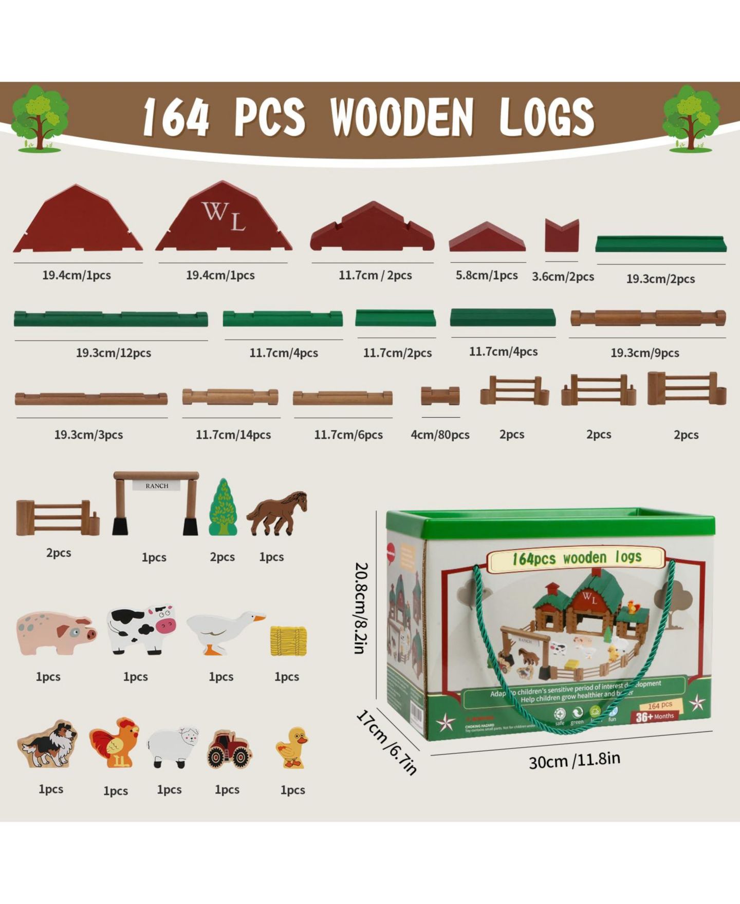 Детский конструктор GNUADZ Farm Wooden Logs Building Set, 164-Piece, Ages 3+, цвет: Ranch — фото 4