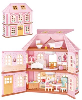 DIY 3-Story Dollhouse with LED Lighting, 14 Furniture Accessories, Ages 3+