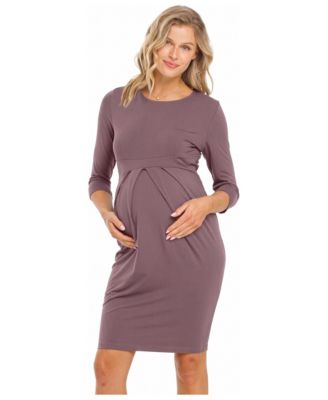 Maternity Long-Sleeve Round-Neck Front-Pleat Dress
