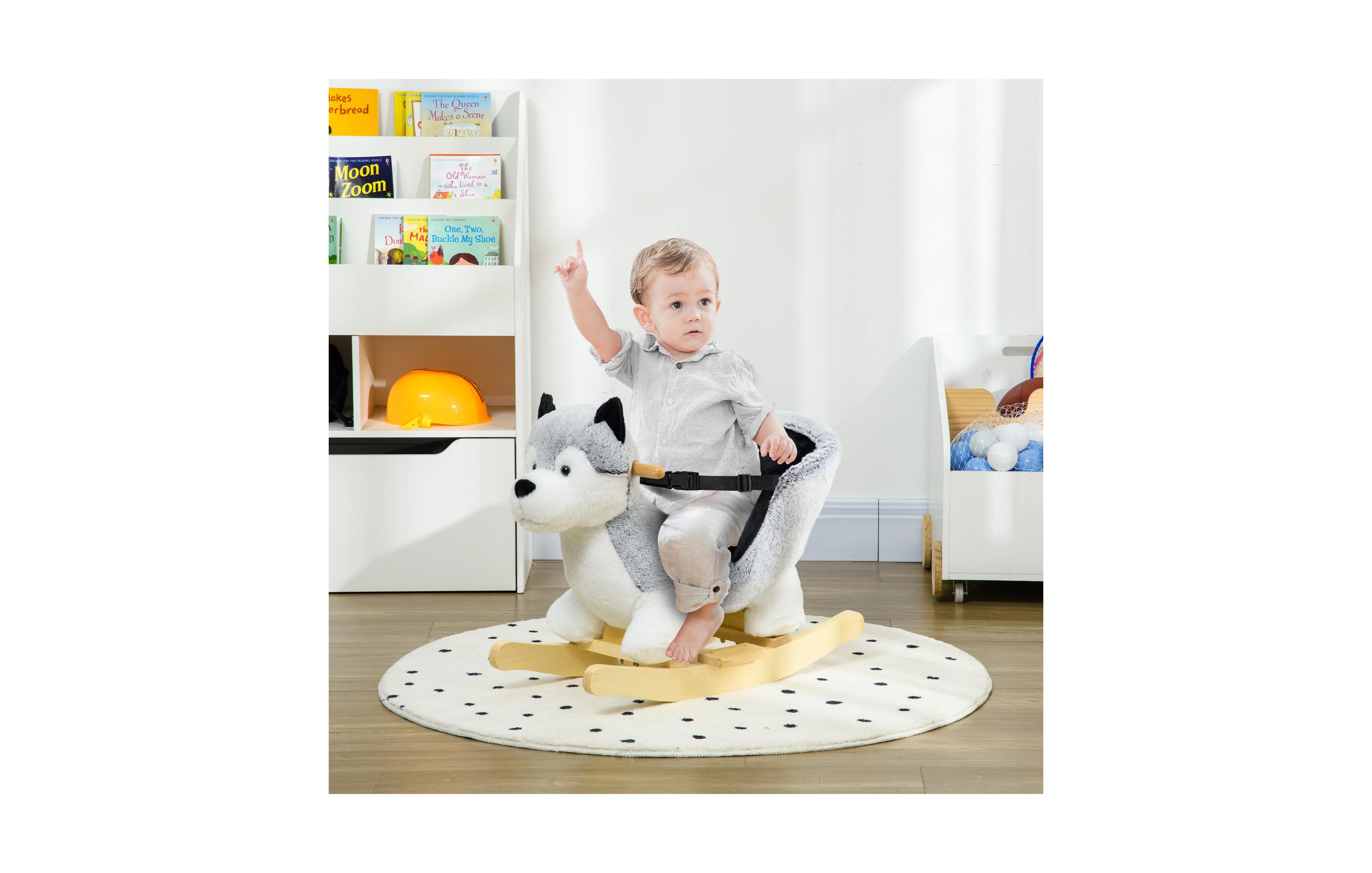 Sevorley Husky Plush and Wood Rocking Toy with Realistic Animal Sounds, 88 lbs, Ages 18-36 Months