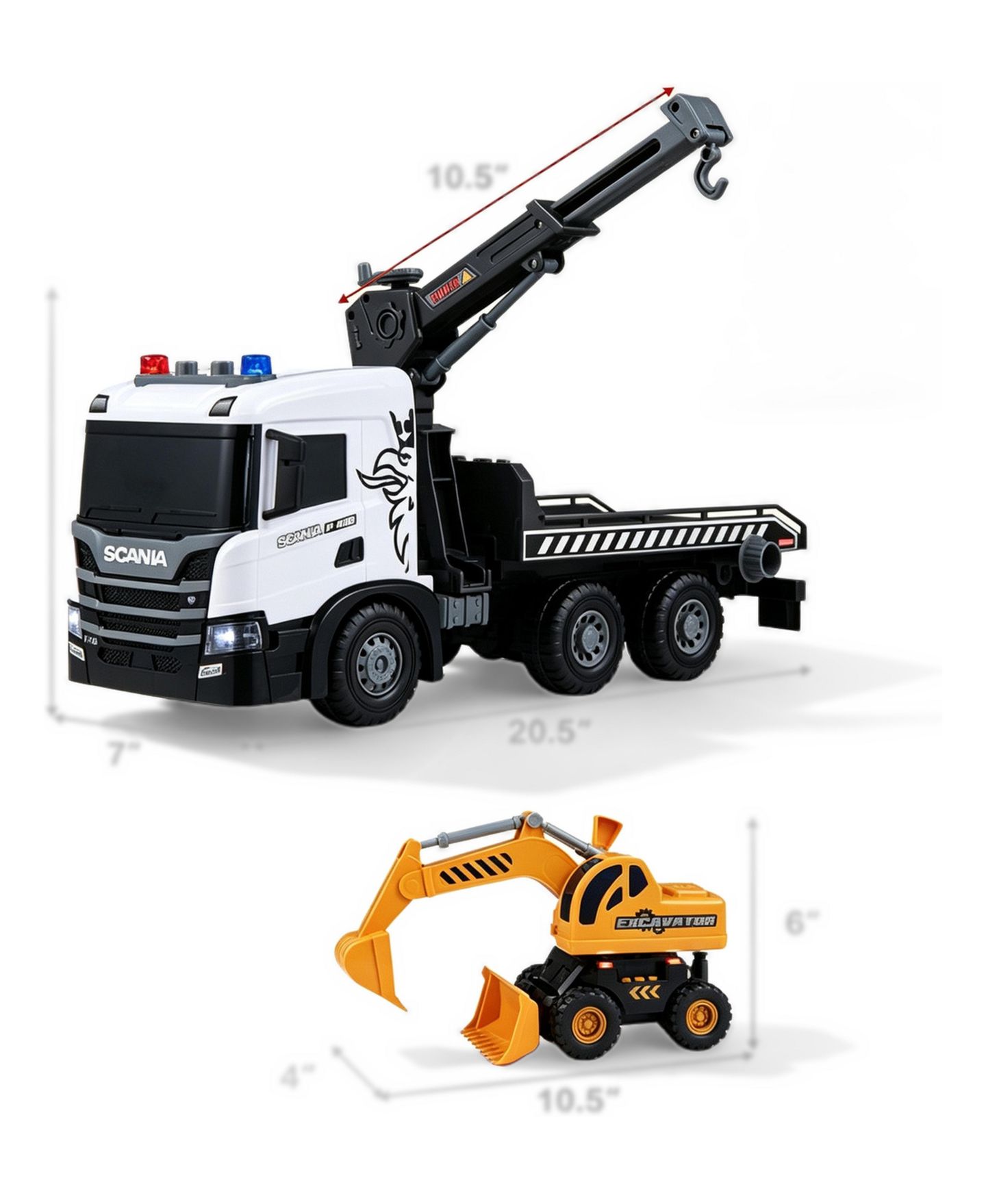 Детские игрушки SEVORLEY Scania Licensed Friction Drive Construction Vehicle Toy Set with Tow Truck and Excavator, 2-Piece Set, цвет: Белый чёрный — фото 3