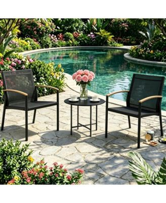 3 Piece Patio Bistro Set, Outdoor Round Coffee Table and 2 Textilene Dining Chairs with Wood Look Armrests for Yard