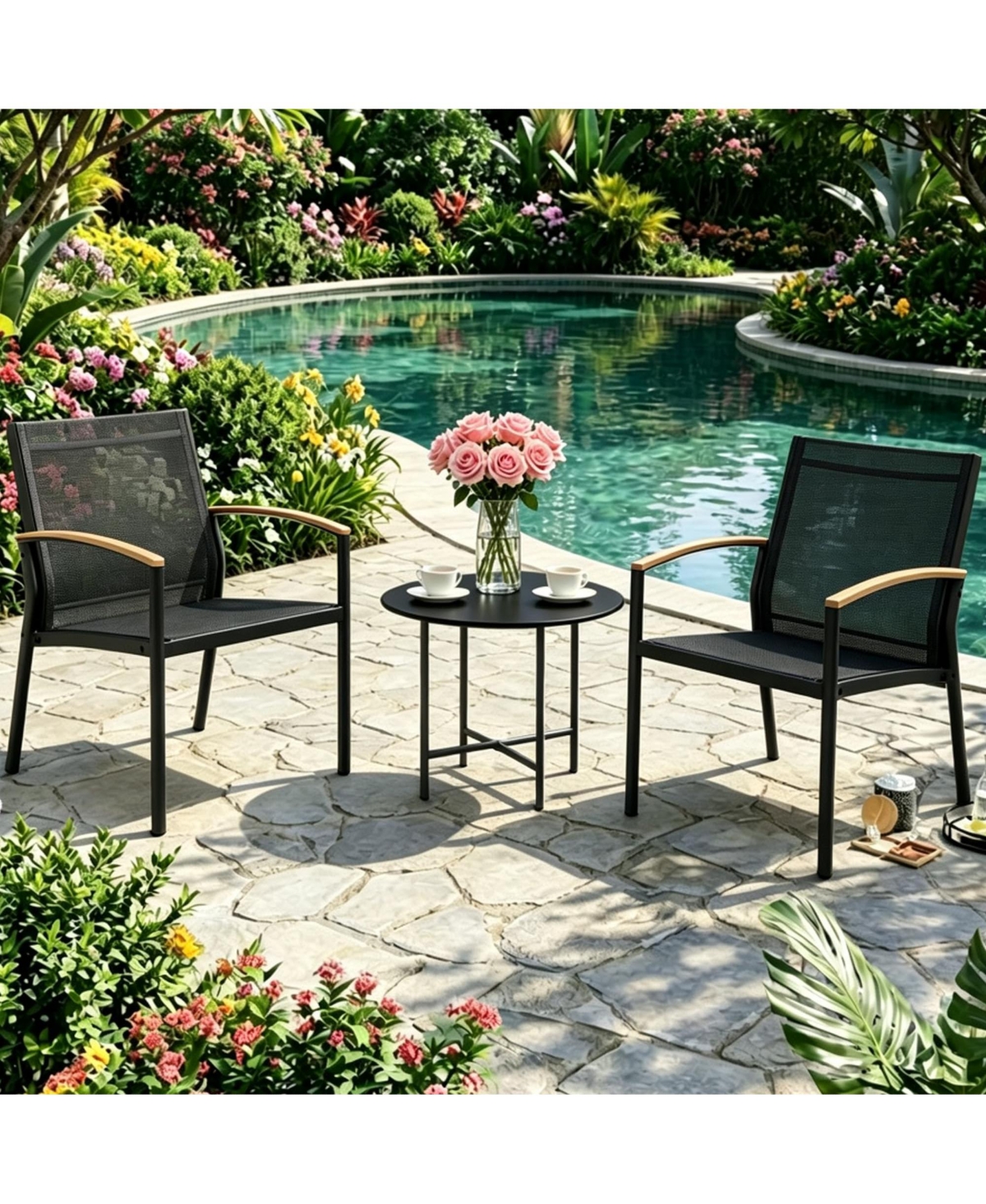 gaomon 3 Piece Patio Bistro Set, Outdoor Round Coffee Table and 2 Textilene Dining Chairs with Wood Look Armrests for Yard