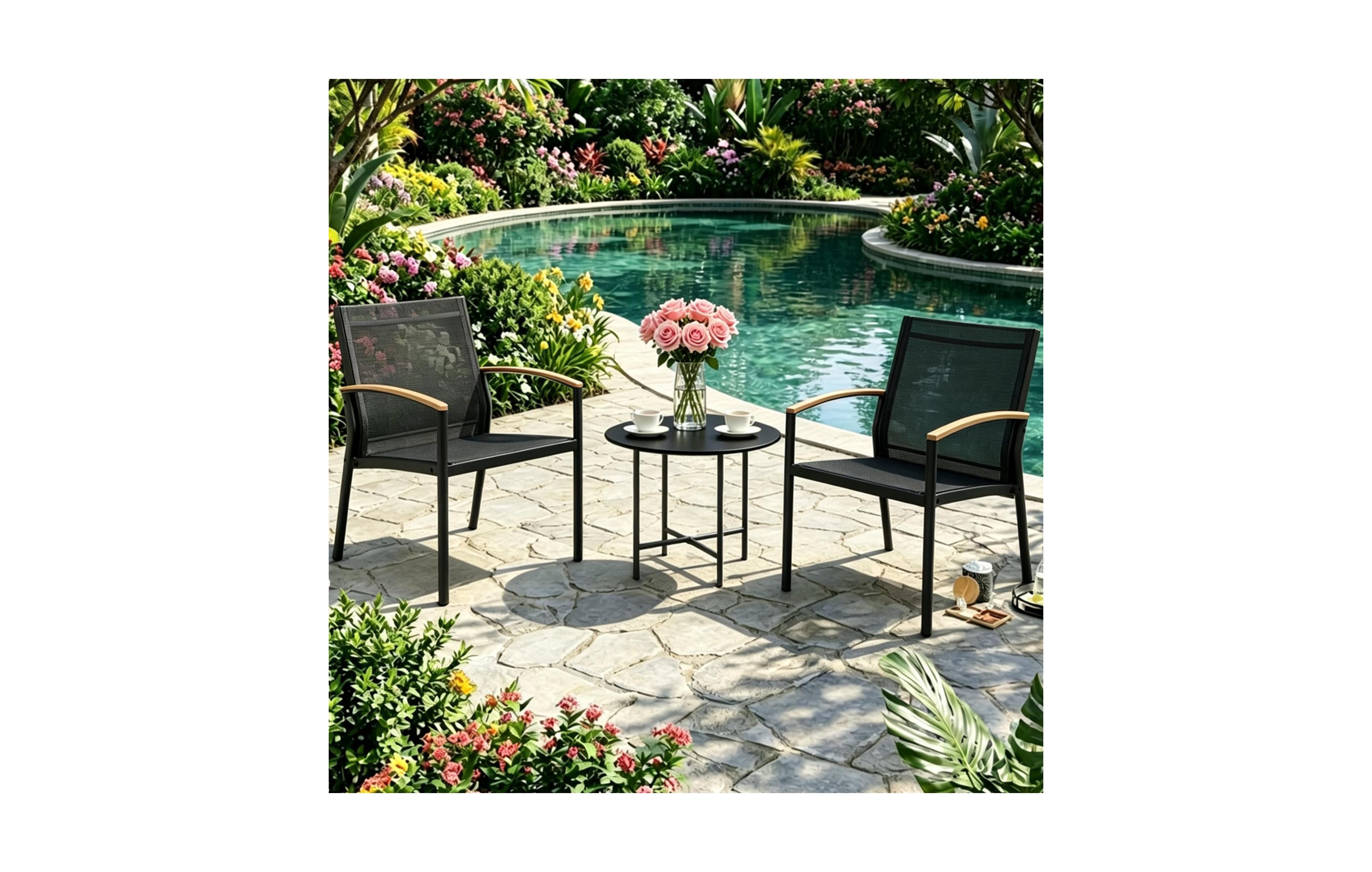 gaomon 3 Piece Patio Bistro Set, Outdoor Round Coffee Table and 2 Textilene Dining Chairs with Wood Look Armrests for Yard
