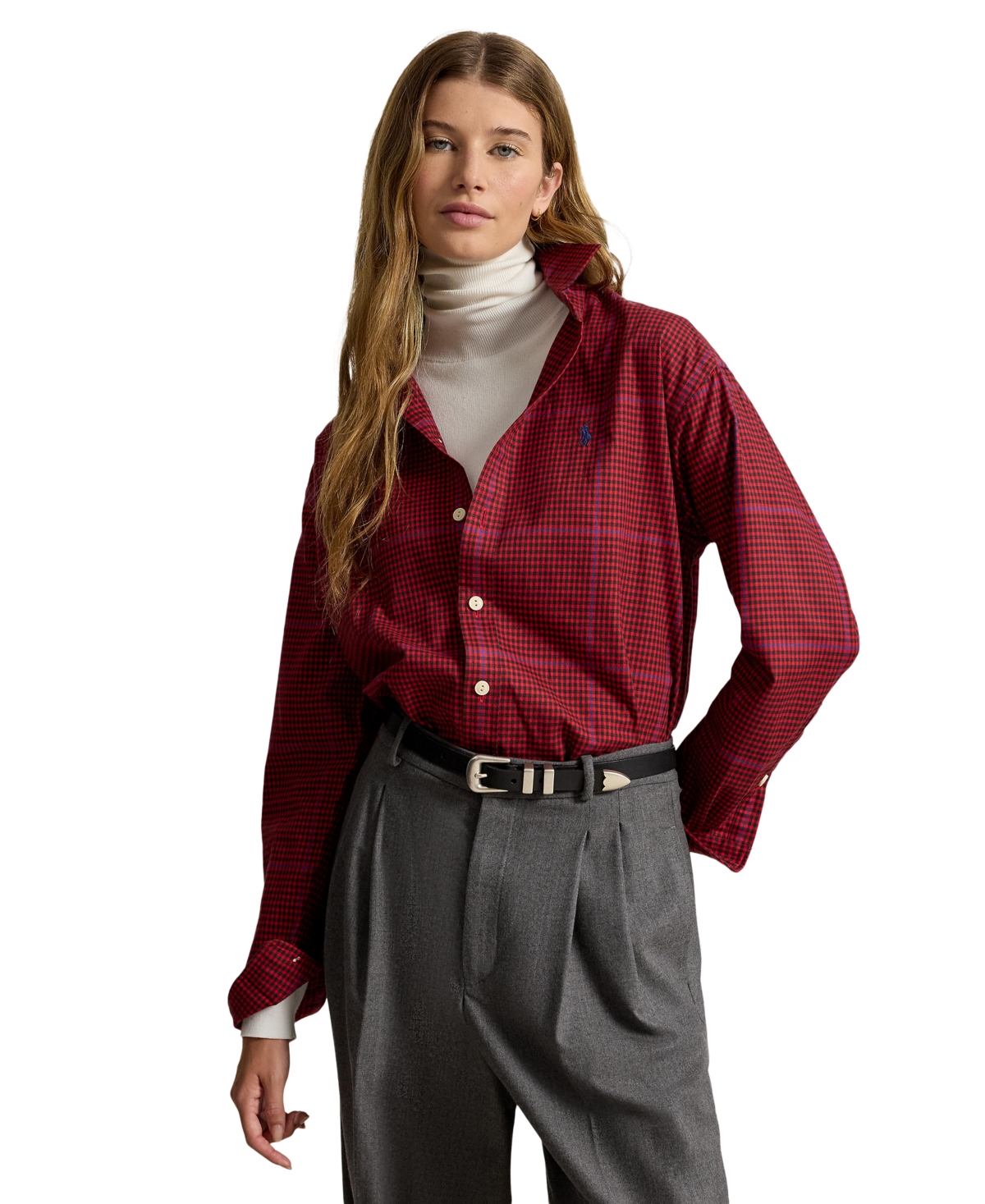 Polo Ralph Lauren Women's Plaid Cotton Twill Collared Button-Up Shirt