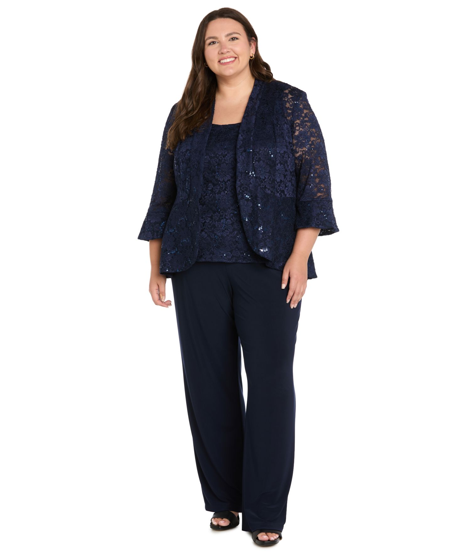 R & M Richards Plus Size Sequin Lace Wide-Leg Jacket, Tank, and Pants, 3-Piece Set, цвет: Тёмно-синий — фото 1
