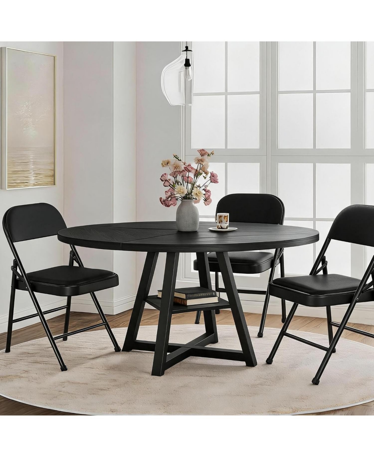 gaomon 3-Piece Round Dining Table Set with 47.24-Inch Table and 2 Folding Chairs, Space-Saving Dinette Set for Apartments and Living Rooms - Black tab