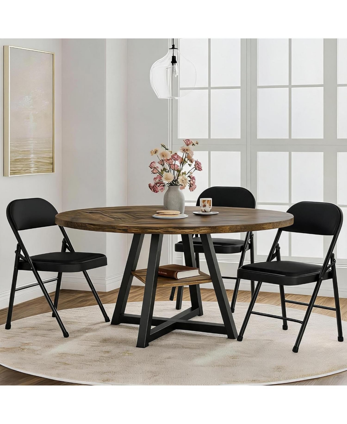 gaomon 3-Piece Round Dining Table Set with 47.24-Inch Table and 2 Folding Chairs, Space-Saving Dinette Set for Apartments and Living Rooms - Brown tab