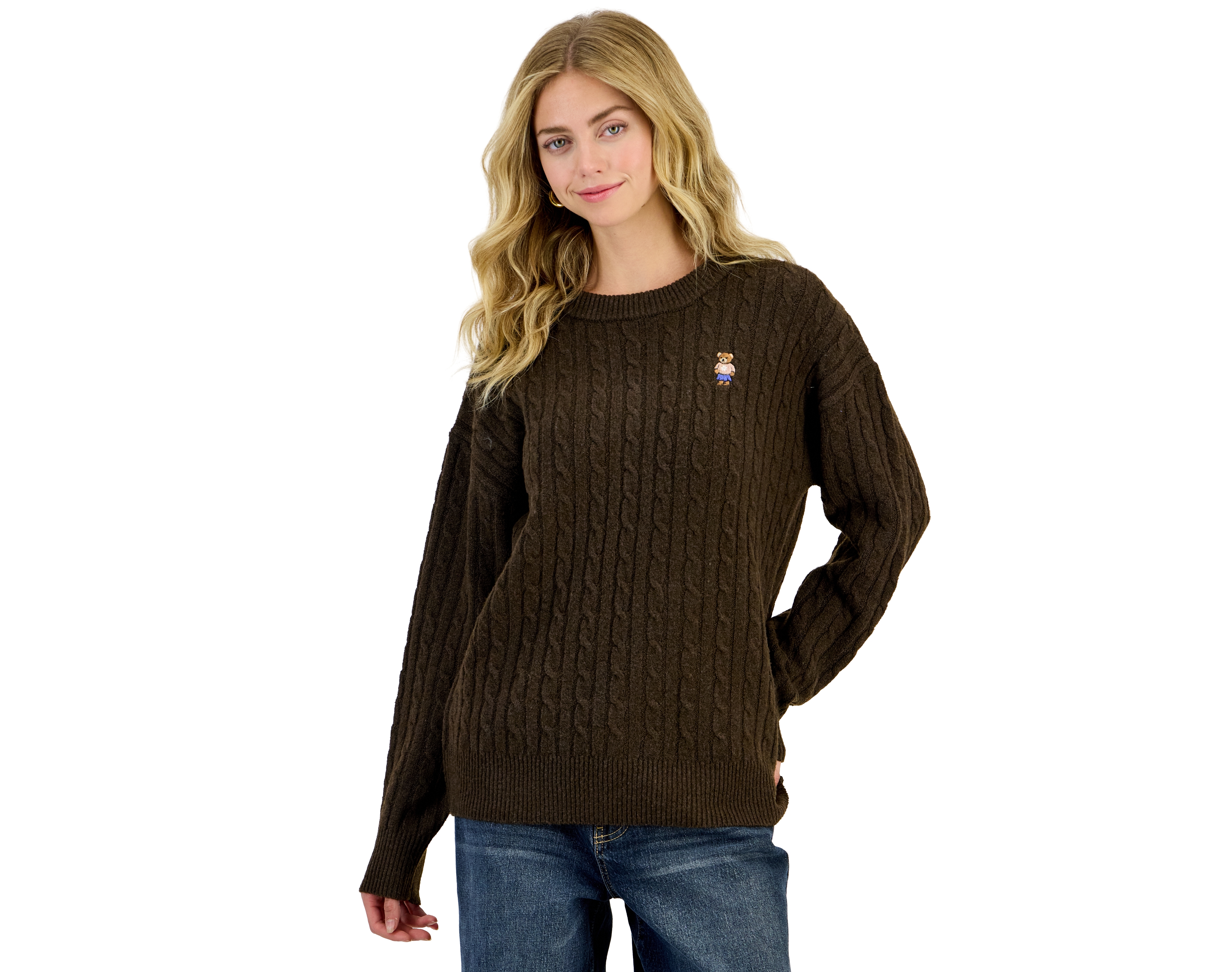Hooked Up by Iot Juniors' Novelty Bear Cable-Knit Sweater