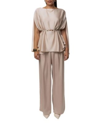 Women's Power & Poise Satin Wide-Leg Detachable Belt Blouse and Pants, 2-Piece Set
