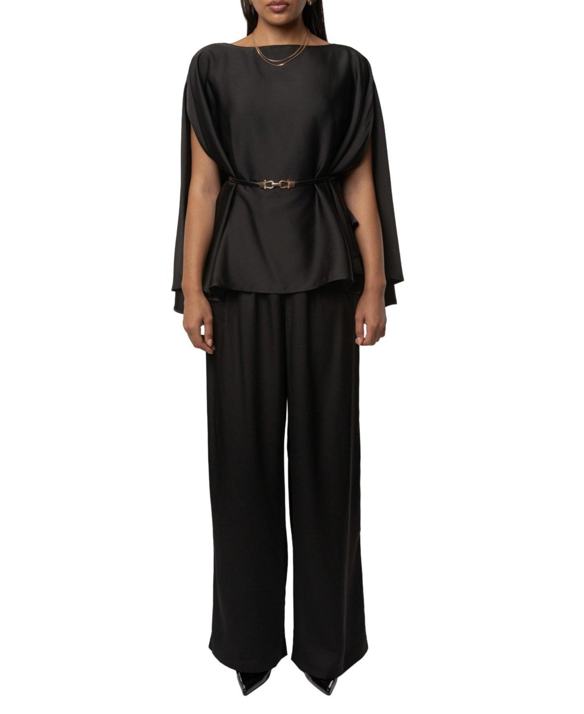 Jluxlabel Women's Power & Poise Satin Wide-Leg Detachable Belt Blouse and Pants, 2-Piece Set