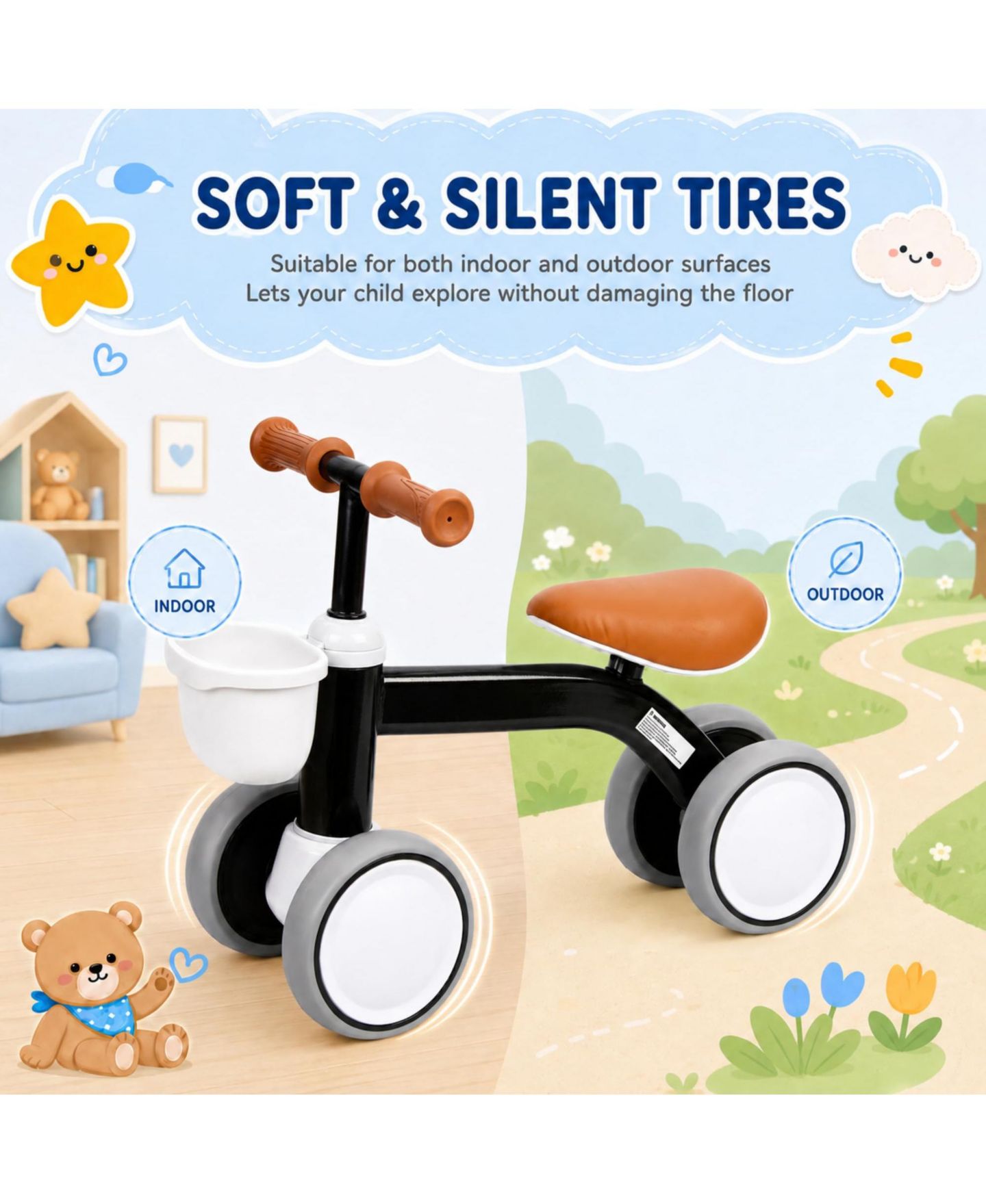 Детская игрушка homfan Pedal-Free Balance Bike with Adjustable Seat and Front Basket, Ages 1-2 Years, цвет: Чёрный — фото 6