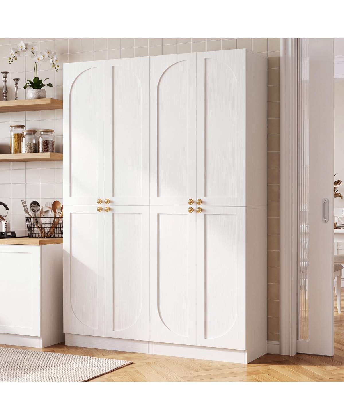 80" Tall Kitchen Pantry Cabinet Set of 2 with Adjustable Shelves and 4-Doors - White