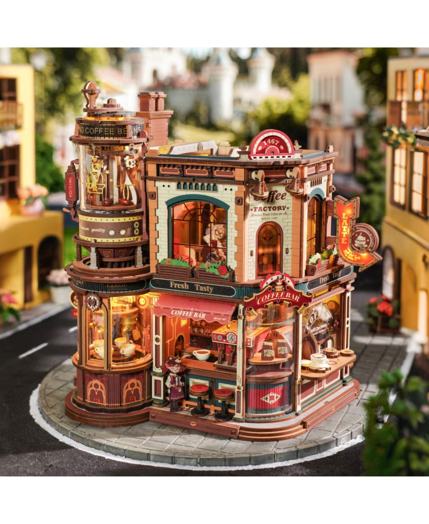 Детский конструктор Robotime Dream Coffee Factory 593-Piece Mechanical Building Set with Music Box and LED Lights, Ages 14+ — фото 2