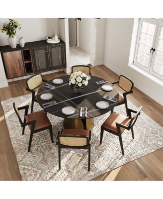 59" Modern Luxury Black Round Dining Table for 6, Matte Sintered Stone Tabletop, Bronze Carbon Steel Base