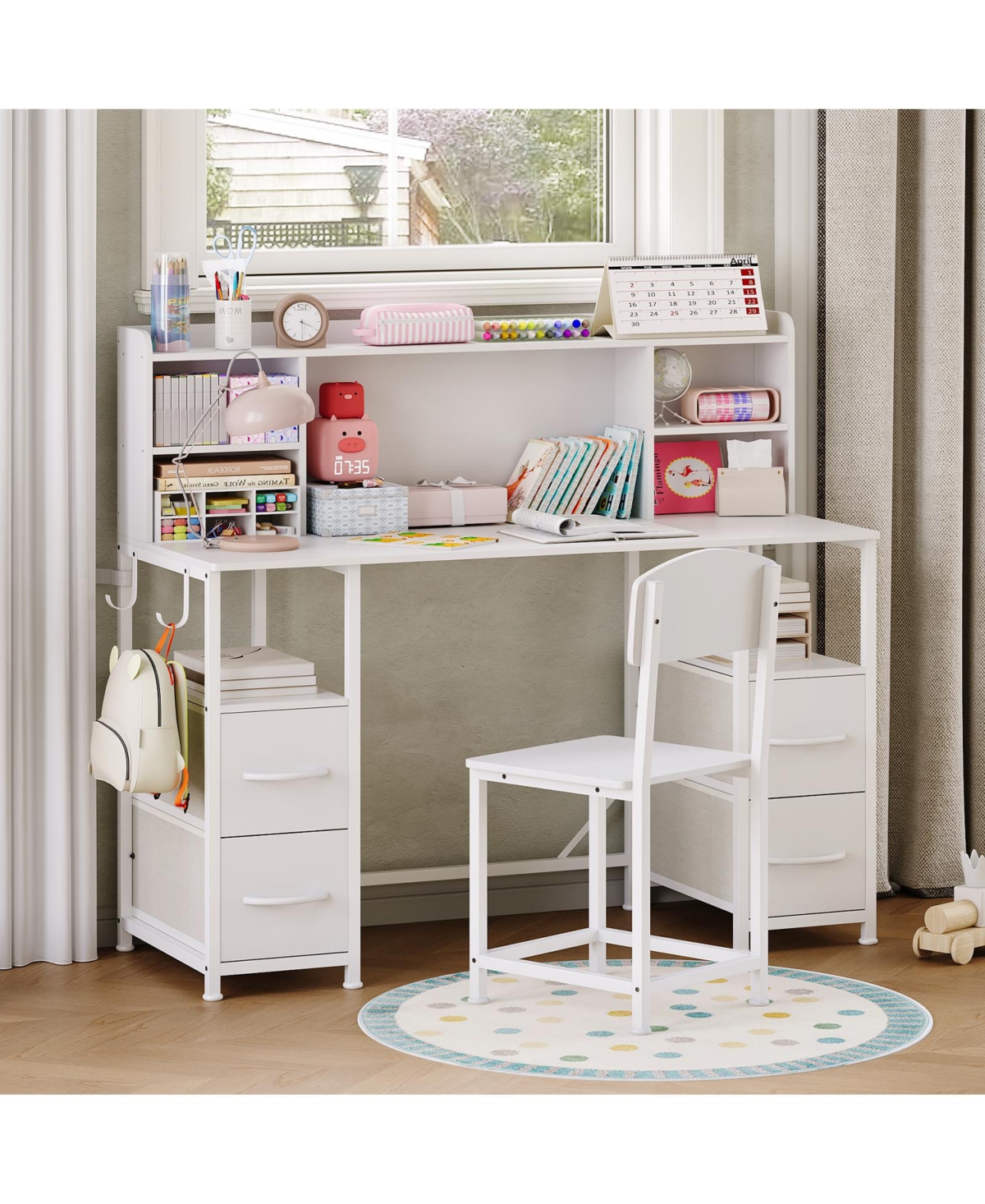 homfan 47.2-Inch Kids Desk and Chair Set with Hutch, Drawers, Hooks, and Multi-Layer Storage for Ages 6-12 - White