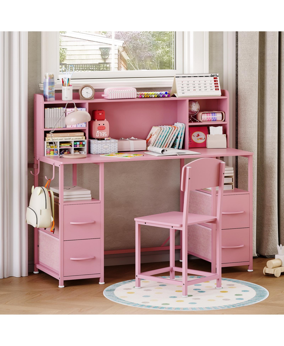 homfan 47.2-Inch Kids Desk and Chair Set with Hutch, Drawers, Hooks, and Multi-Layer Storage for Ages 6-12 - Pink