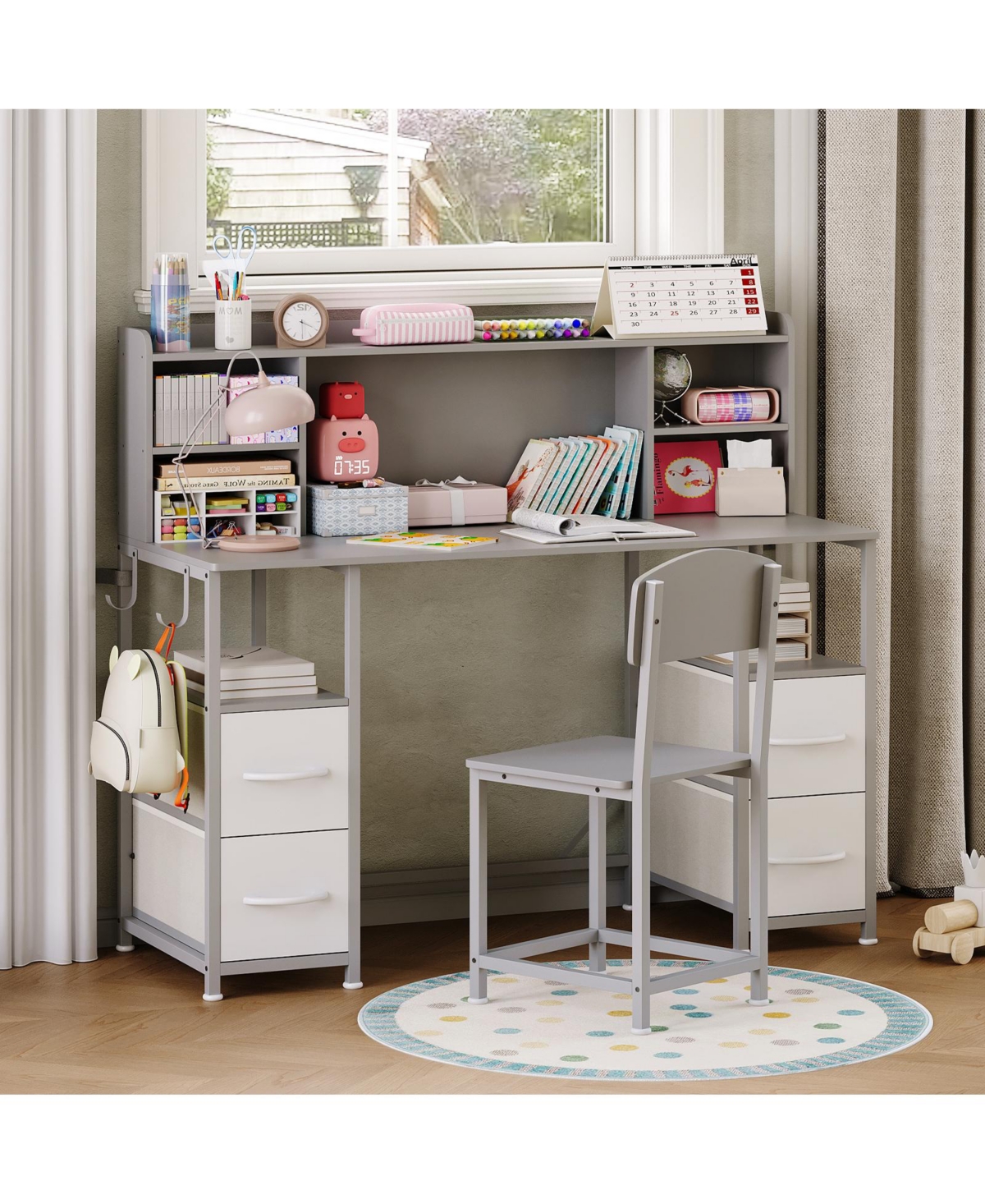 homfan 47.2-Inch Kids Desk and Chair Set with Hutch, Drawers, Hooks, Multi-Layer Storage for Ages 6-12