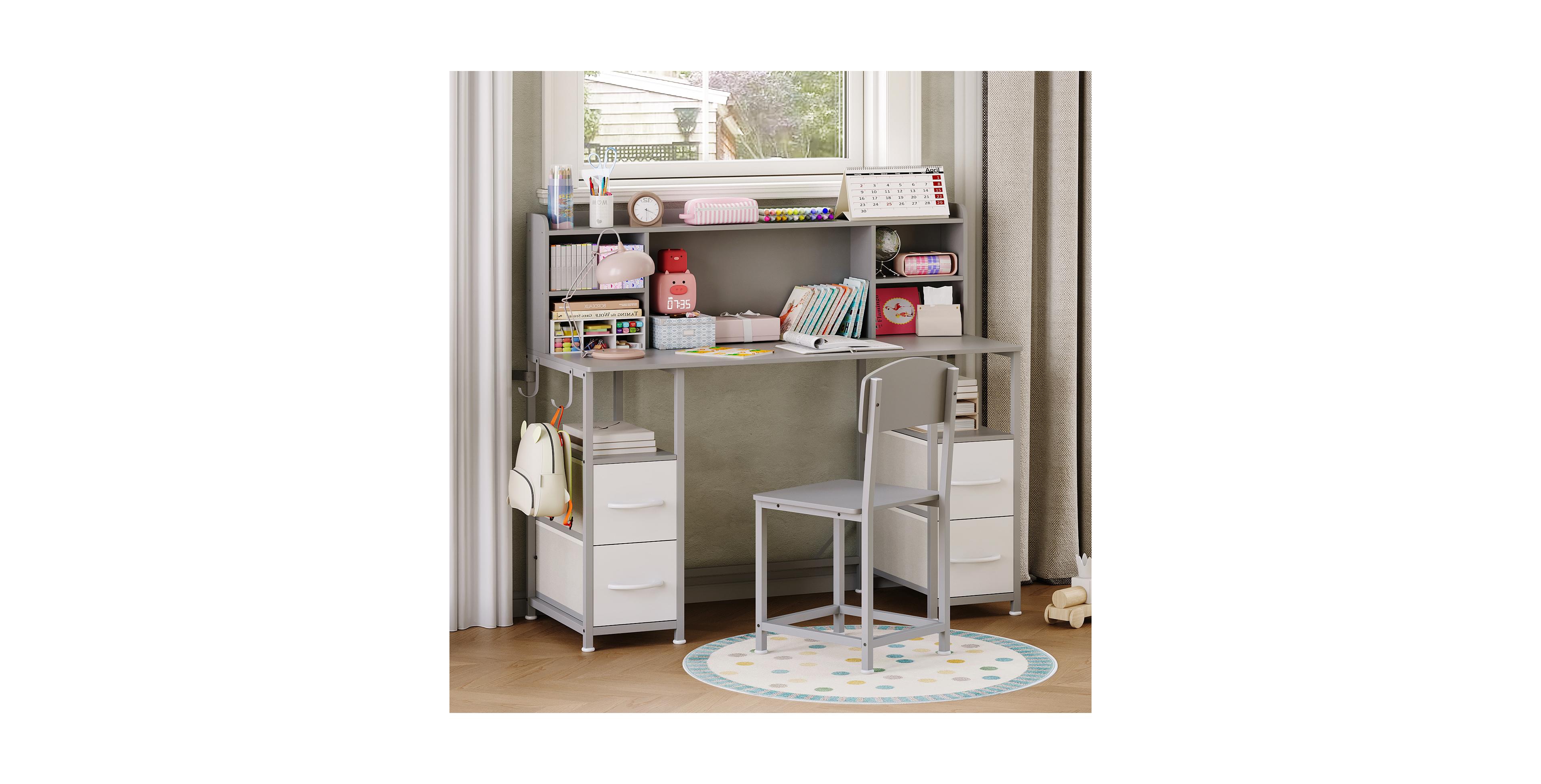 homfan 47.2-Inch Kids Desk and Chair Set with Hutch, Drawers, Hooks, Multi-Layer Storage for Ages 6-12