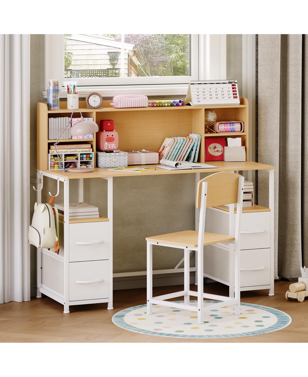 homfan 47.2-Inch Kids Desk and Chair Set with Hutch, Drawers, Hooks, and Multi-Layer Storage for Ages 6-12 - Natural