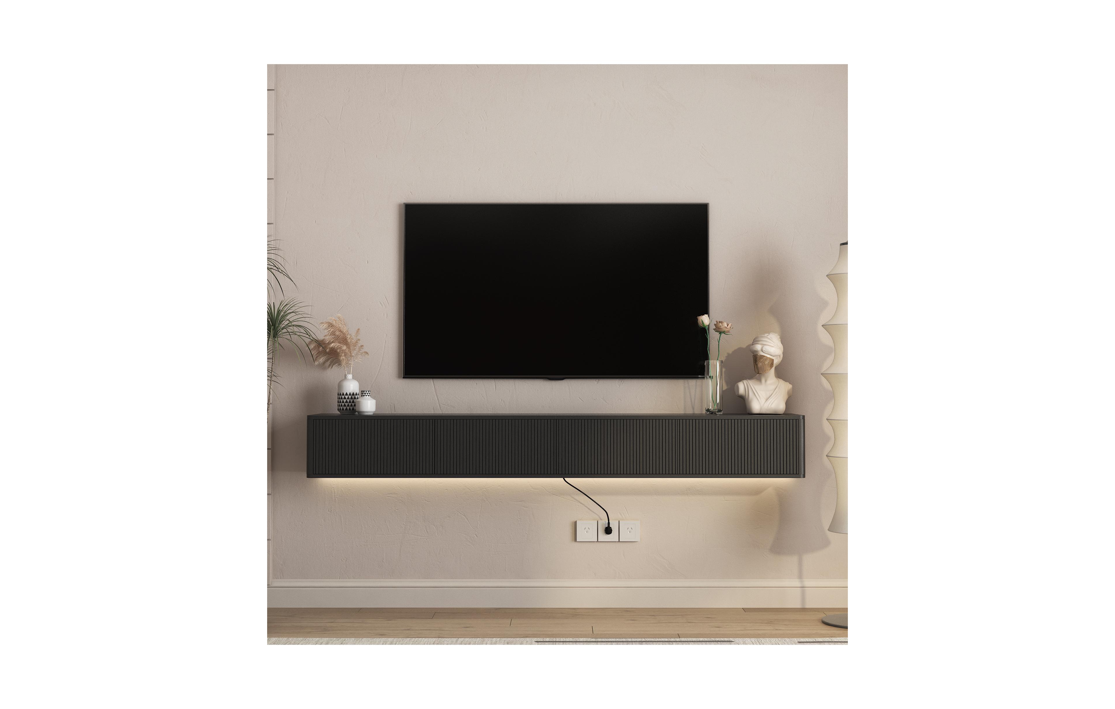Flynama Wall Mount Floating High Gloss Tv Cabinet with 16 Color Led Lights and Power Outlet for Living Room