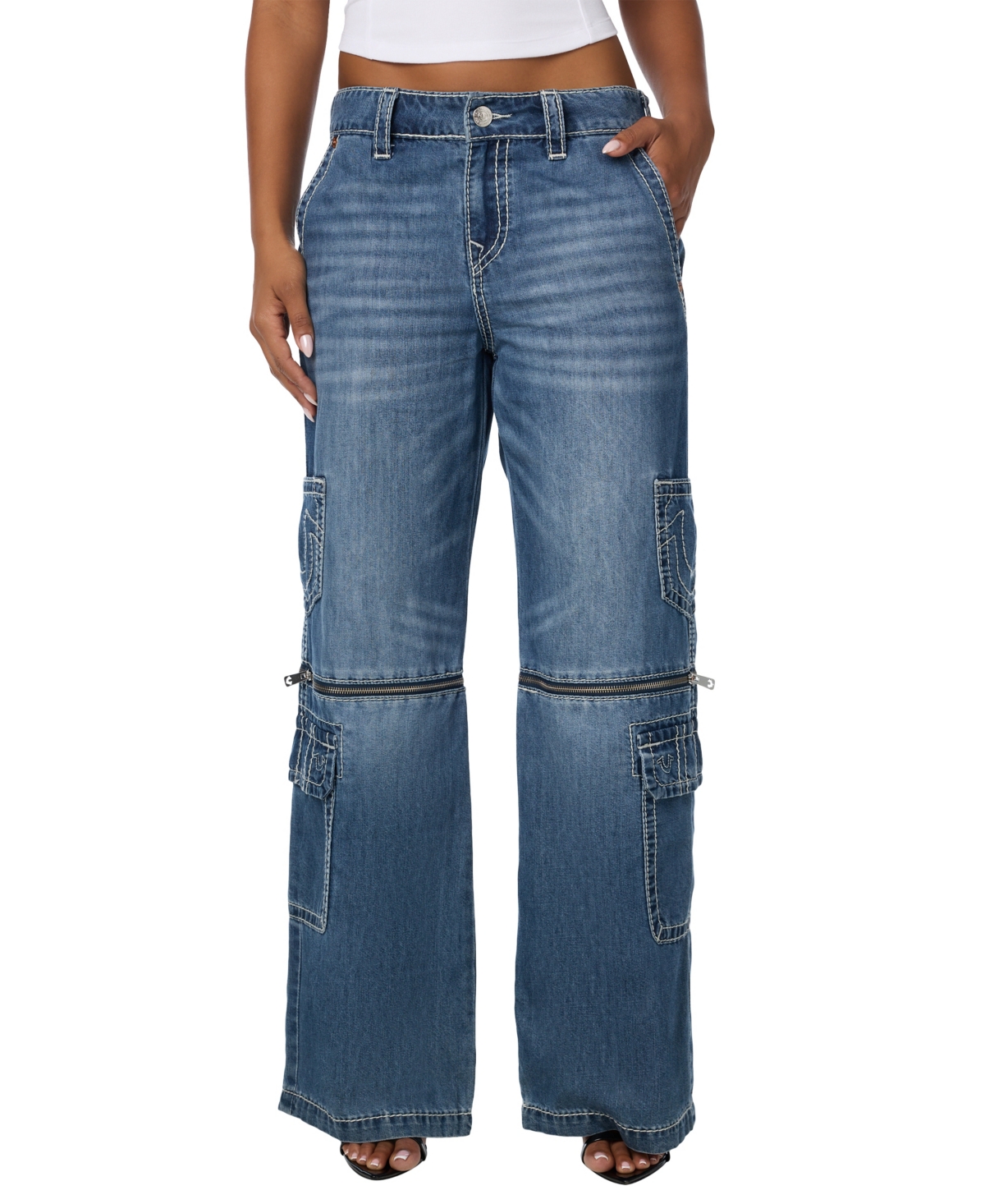 True Religion Women's Mid-Rise Baggy Cargo Denim Jeans