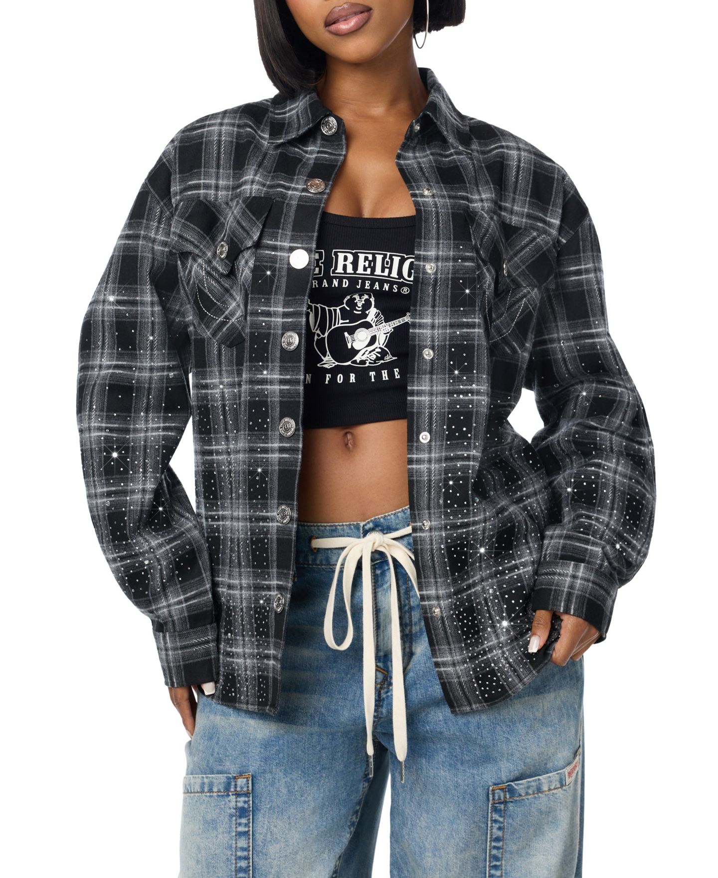 Женская куртка True Religion Plaid Shirt Jacket, цвет: Чёрный / Белый — фото 1