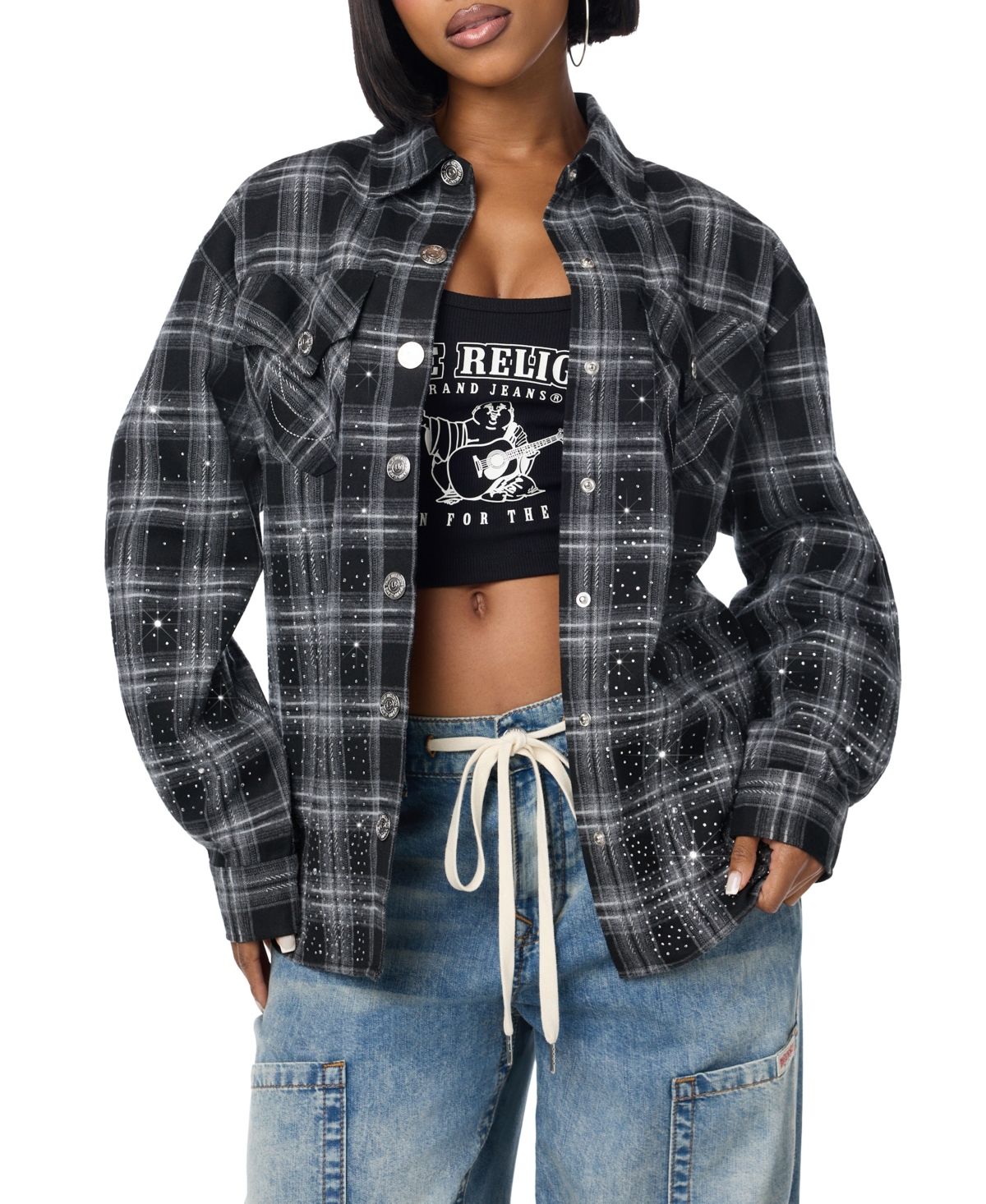 True Religion Women's Plaid Shirt Jacket - Black / White