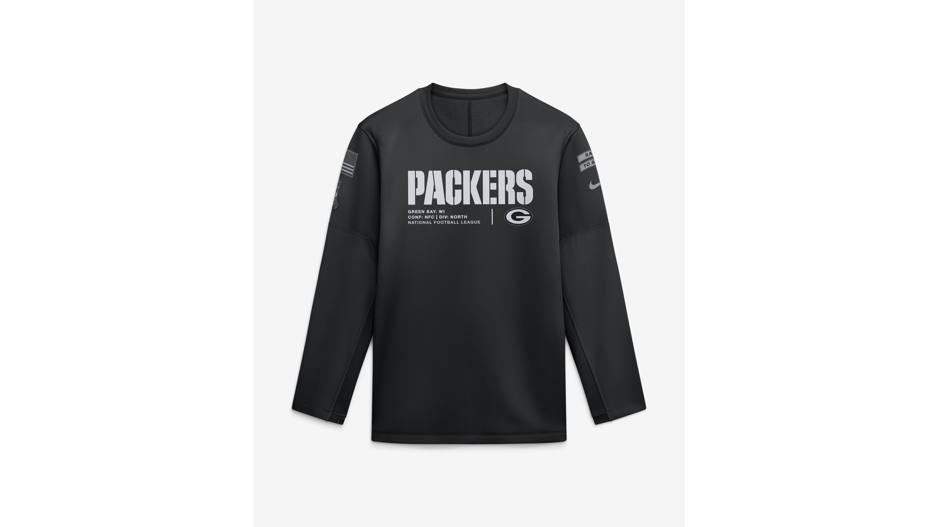 Nike Men's Black Green Bay Packers 2026 Salute to Service Sideline Coaches Crewneck Therma-fit Sweatshirt