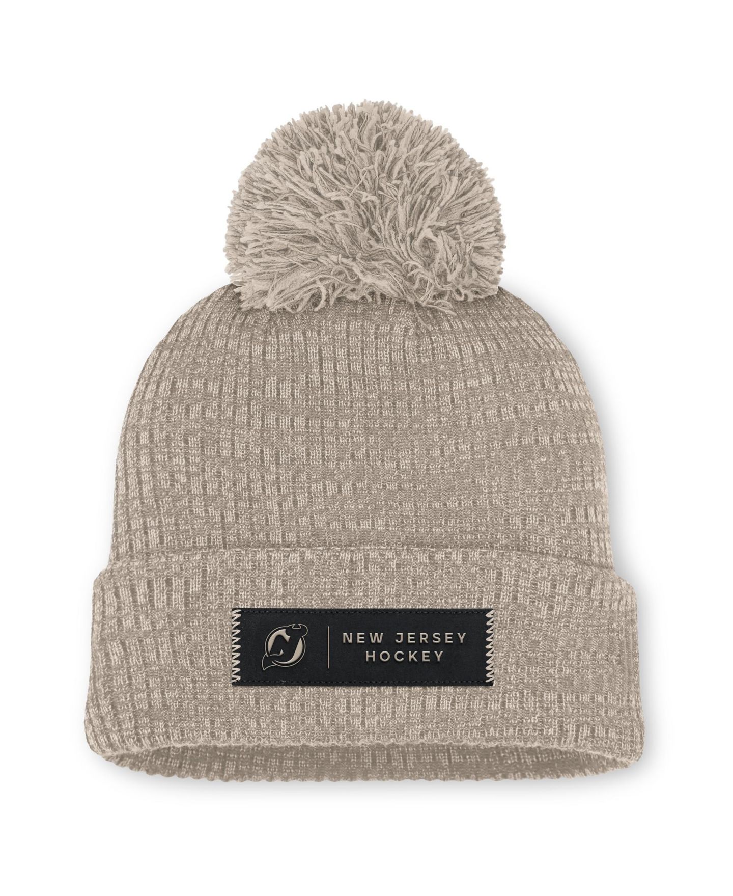 Женские головные уборы Fanatics Light Beige New Jersey Devils Authentic Pro Road Cuffed Knit with Pom Hat — фото 1