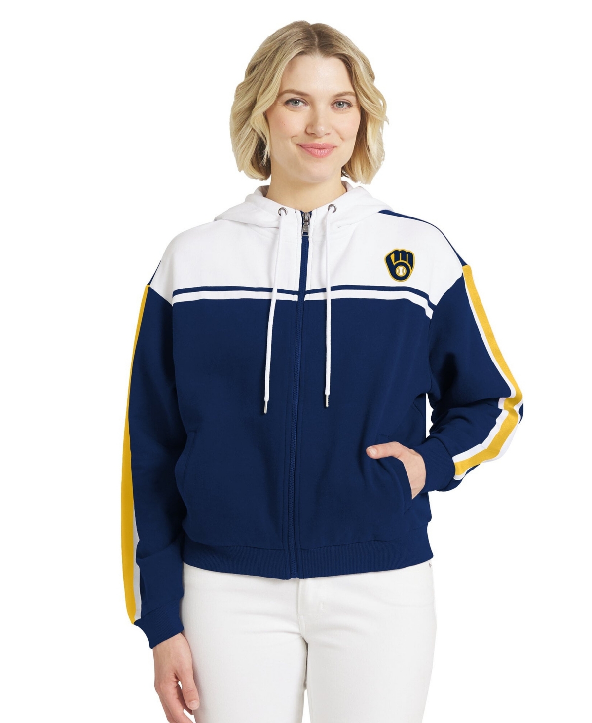 Wear by Erin Andrews Women's Navy/White Milwaukee Brewers Color Blocked Full-Zip Hoodie