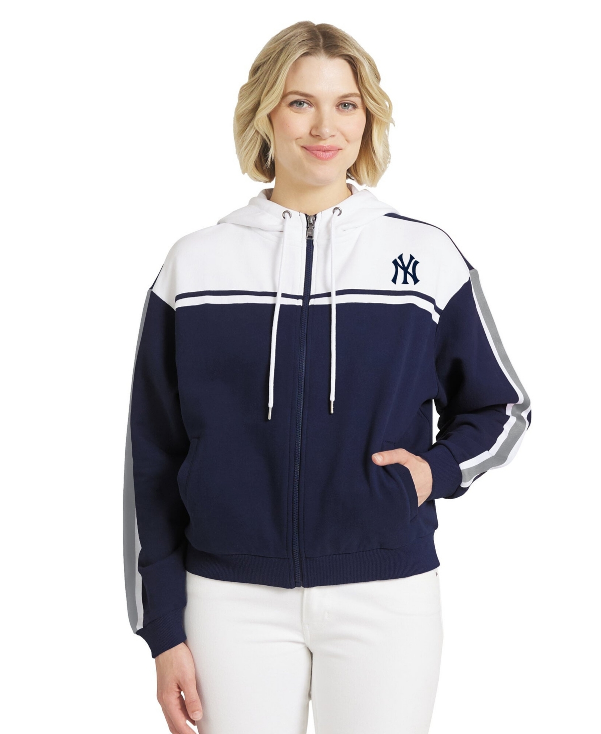 Wear by Erin Andrews Women's Navy/White New York Yankees Color Blocked Full-Zip Hoodie